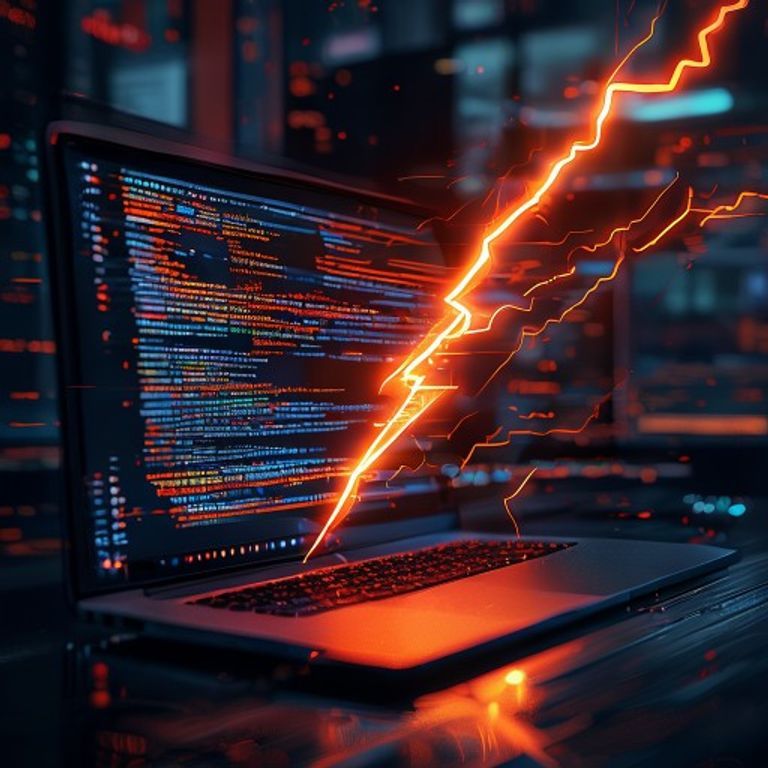 Illustration d'un pipeline de build de site web accéléré, symbolisé par un éclair orange traversant des lignes de code dans un environnement de développement sombre