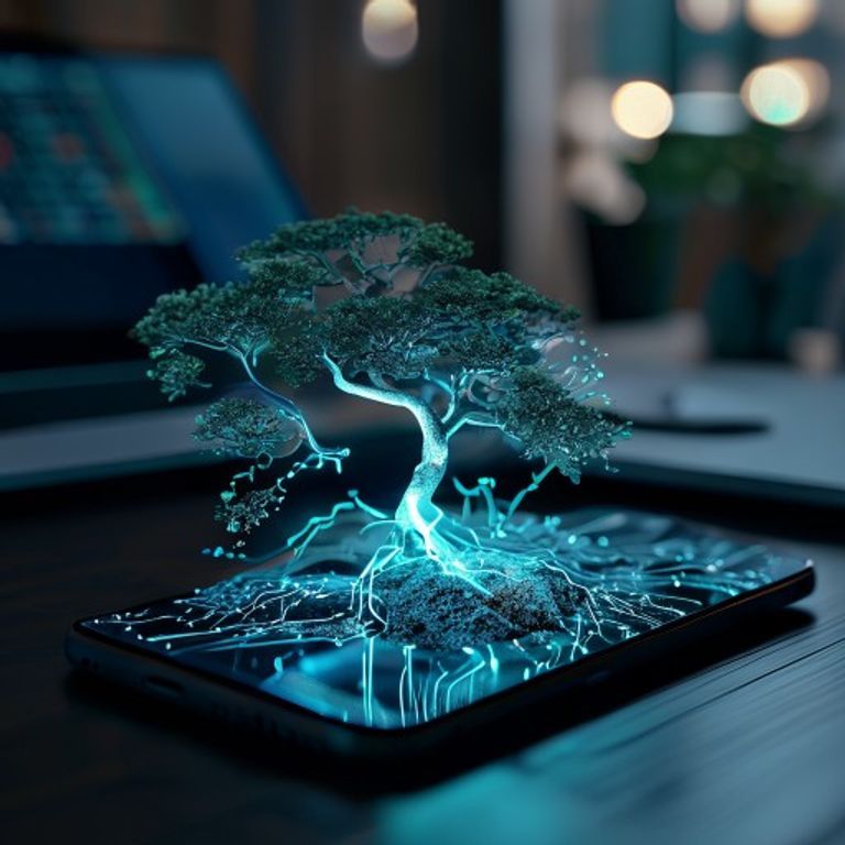 Smartphone affichant un réseau de neurones stylisé en forme de bonsaï, symbole d'un LLM 27B compressé en 1-bit tournant en local