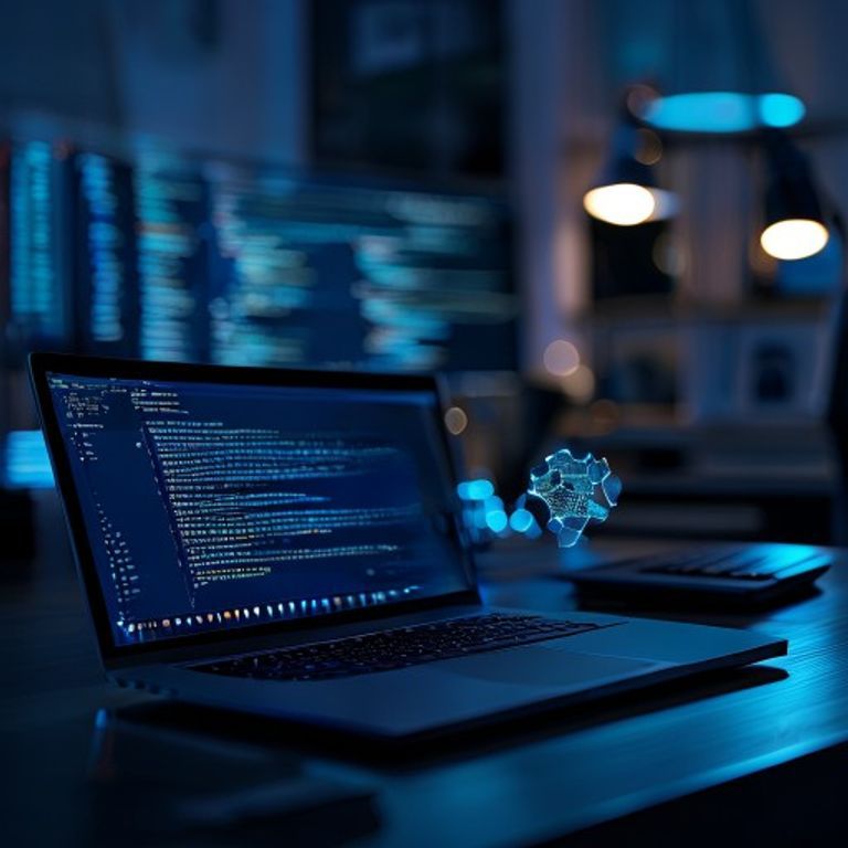 Ordinateur portable dans un bureau sombre avec une jauge de stockage qui se remplit en arrière-plan, symbolisant le téléchargement silencieux d'un modèle d'IA local dans le navigateur