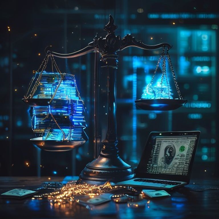 Une balance conceptuelle entre des serveurs de calcul IA illuminés en bleu et le poste de travail d'un développeur, illustrant l'arbitrage entre coût de l'IA et salaire d'un ingénieur