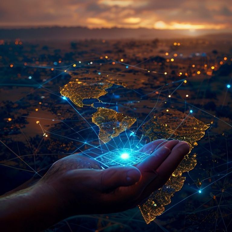 Réseau mondial de connexions lumineuses reliant des communautés de différents continents autour de l'intelligence artificielle ouverte