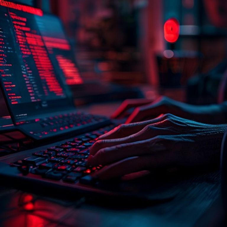 Un développeur travaille sur un ordinateur portable dans un bureau sombre, une alerte de sécurité rouge affichée à l'écran