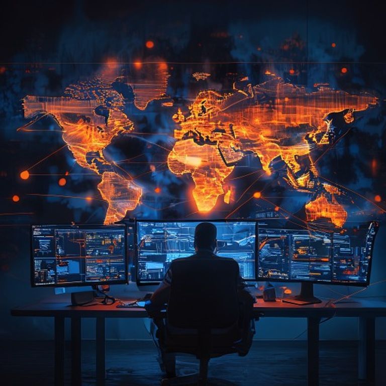 Carte réseau mondiale lumineuse avec un nuage orange central symbolisant Cloudflare, développeur travaillant sur ses tableaux de bord dans un bureau sombre