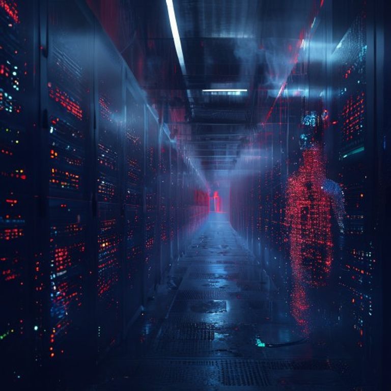Salle de serveurs plongée dans une lumière bleue et rouge symbolisant une cyberattaque menée par une intelligence artificielle contre un pipeline de données