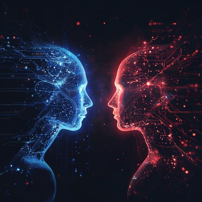 Illustration symbolique de deux réseaux de neurones lumineux face à face, évoquant le transfert de capacités entre deux modèles d'IA