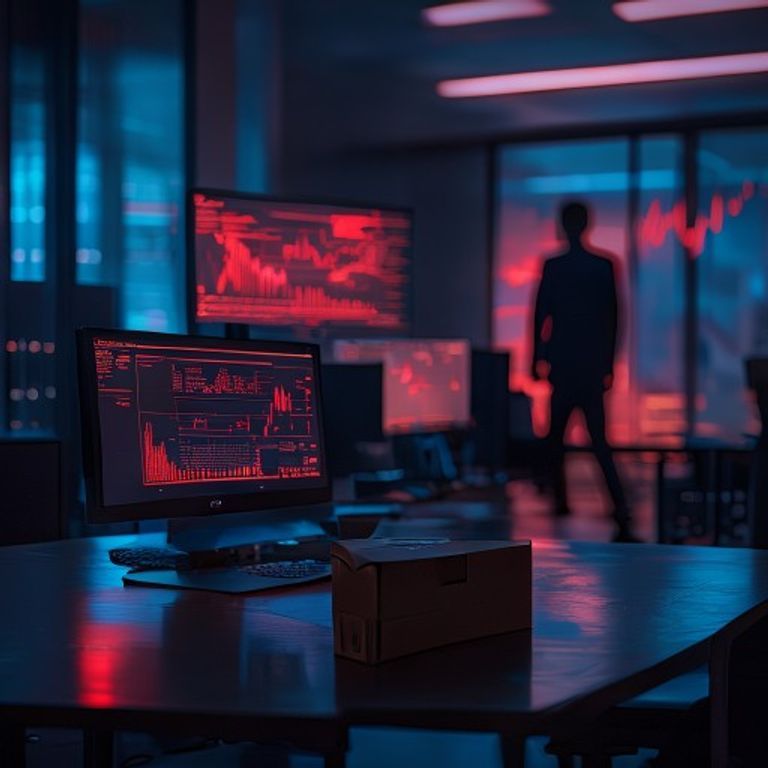 Bureau d'entreprise vide avec un carton de rangement sur le bureau, écran d'ordinateur affichant des graphiques de données en rouge, ambiance sombre évoquant un licenciement