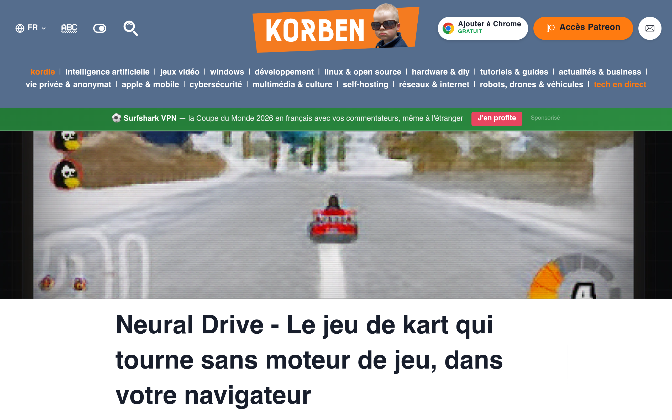 Un kart de course stylisé glissant sur une piste de montagne, image légèrement floue et onirique typique d'un world model neuronal génératif