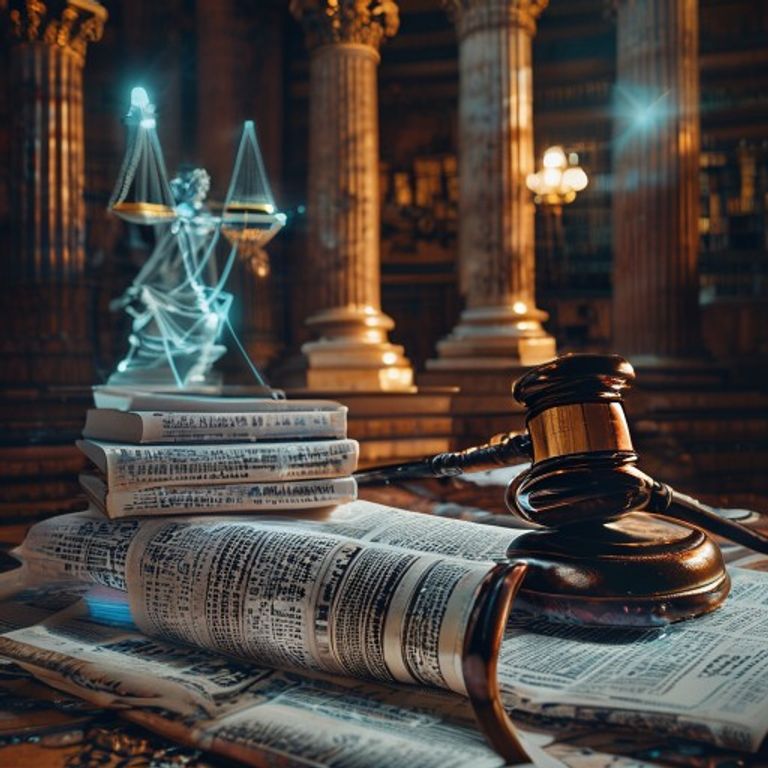 Une salle de tribunal indienne avec un marteau de juge posé devant un réseau de données lumineux symbolisant l'intelligence artificielle