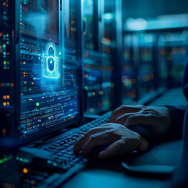 Salle de serveurs éclairée en bleu avec un terminal affichant une connexion SSH sécurisée