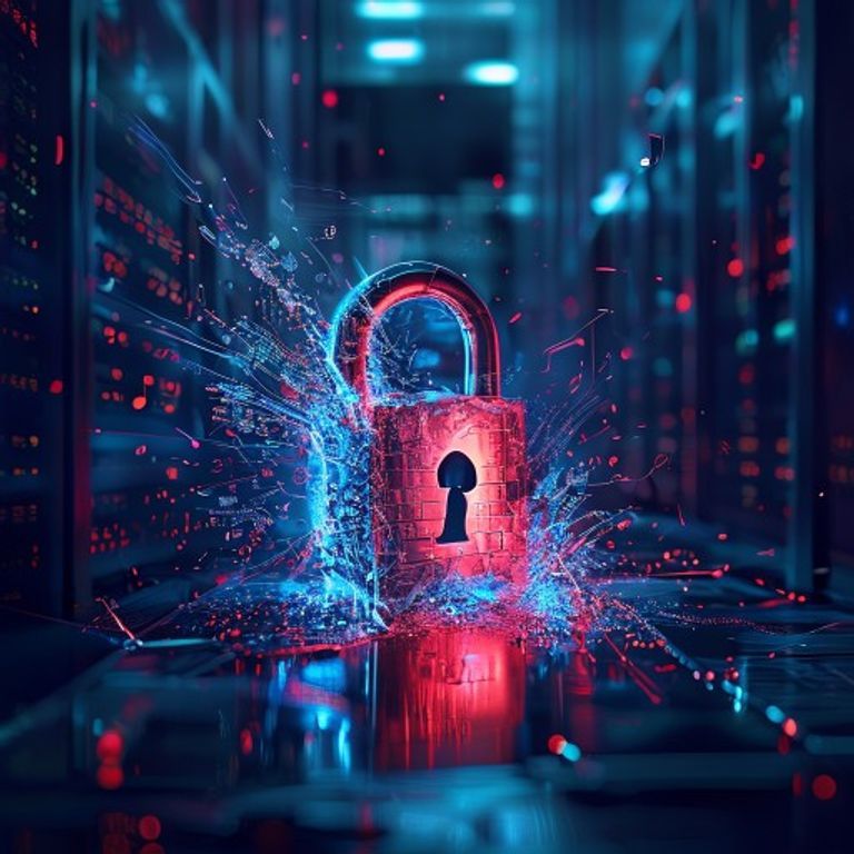 Un cadenas numérique fissuré d'où s'échappent des notes de musique et des lignes de code, ambiance sombre de cybersécurité