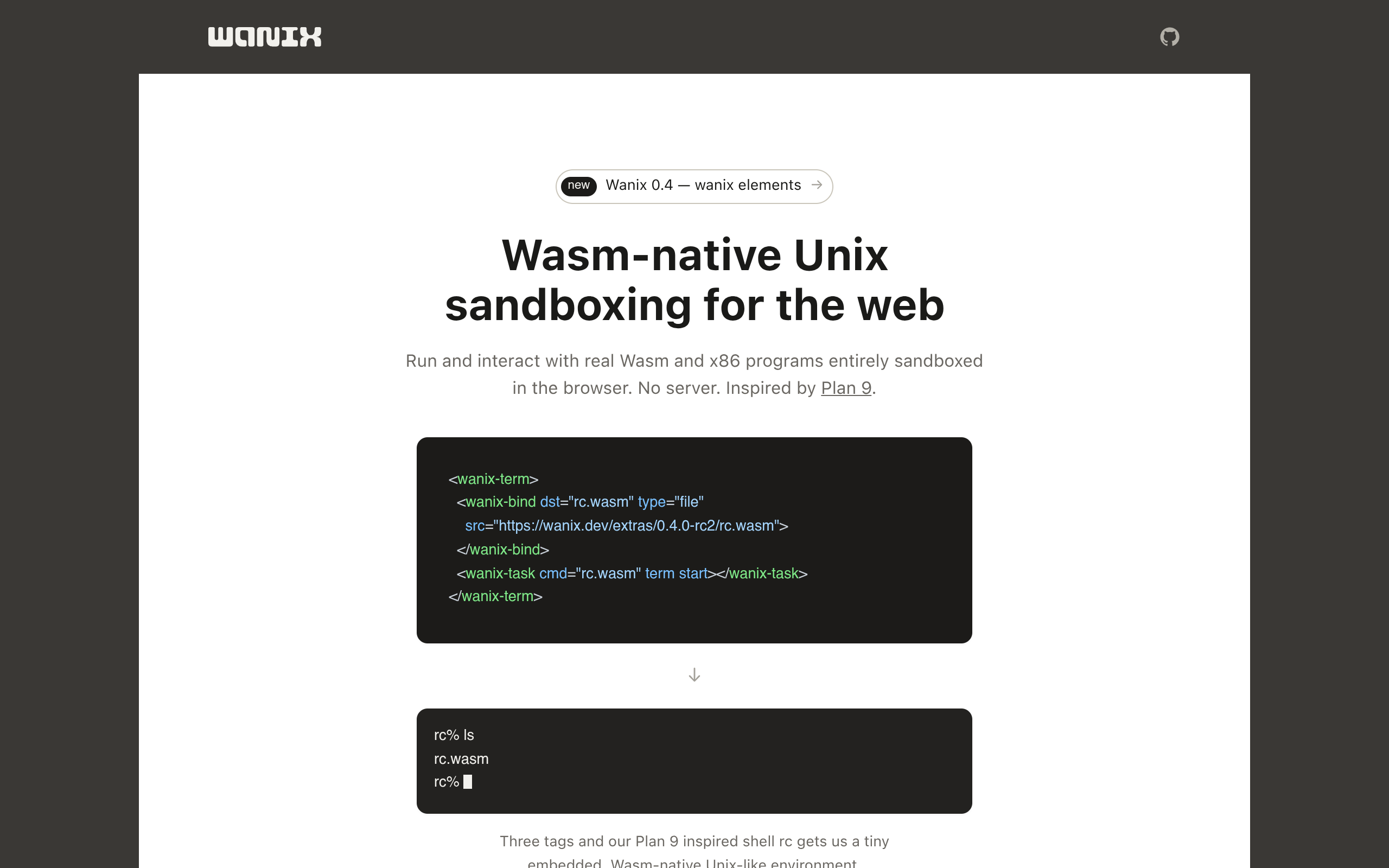 Terminal Unix affiché dans un navigateur web, illustrant l'exécution sandboxée de Wanix en WebAssembly