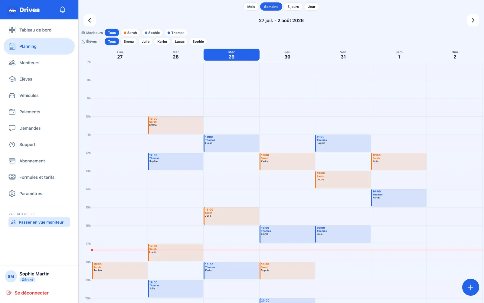 Planning Drivea croisant moniteurs, eleves et vehicules
